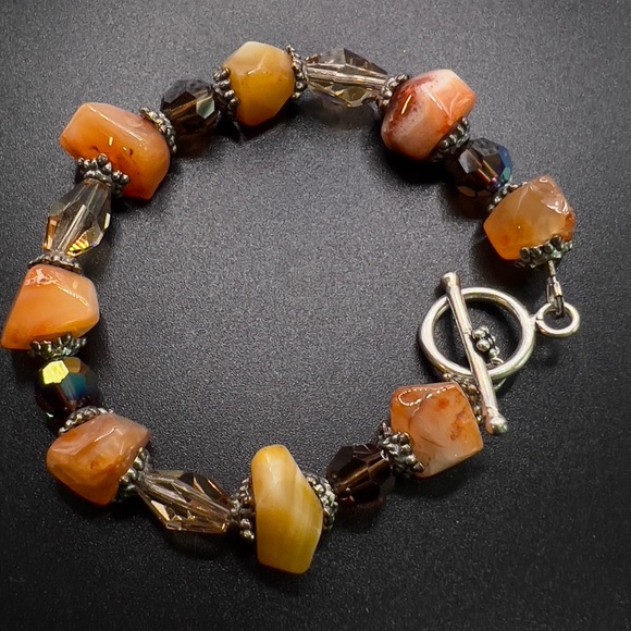 925 STERLING SILVER TOGGLE CLASP CARNELIAN FACETED BEADED BRACELET 8” - Picture 2 of 5